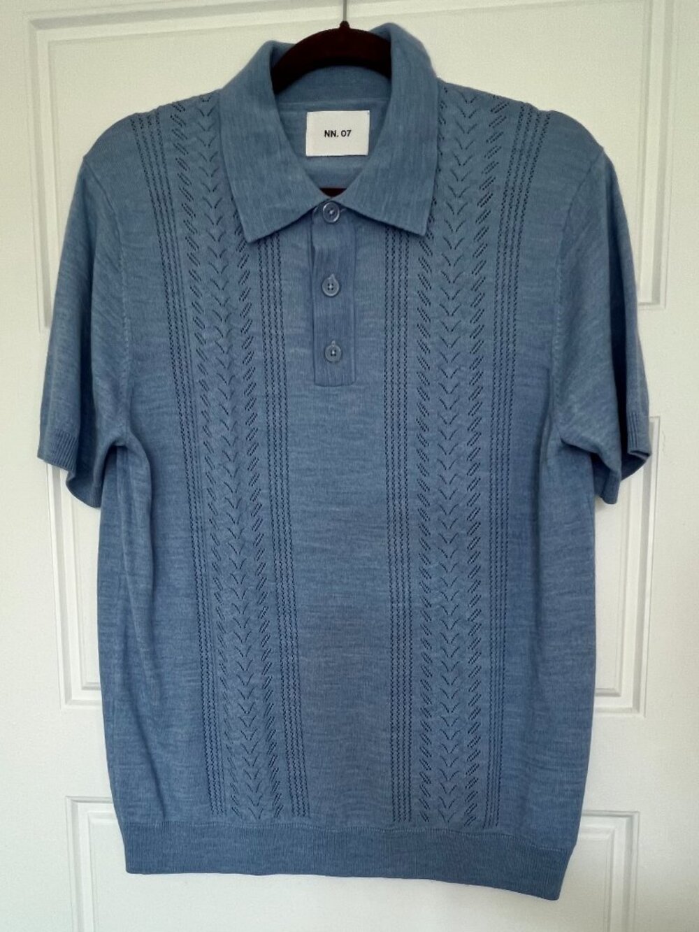 NN07 Thor Pointelle Knit Polo Shirt Mens Large Blue Short Sleeve Button Sweater